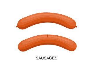 Sausages food in flat illustration. Two sausages isolated on white background. Delicious sausage food icon. Vector illustration