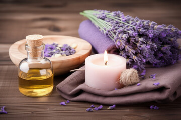 Obraz na płótnie Canvas Aromatherapy, spa, beauty treatment and wellness background with massage oil, lavender flowers, towels, cosmetic products - Generative AI