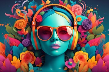 A beautiful woman wearing headphones with ornament colorful flowers background, music festival day. Generative AI, Generative, AI