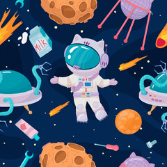 Fototapeta premium Cosmonaut in outer space. UFOs, spaceships, rockets. Solar system, intergalactic travel. Galaxies, planets, asteroids, comets, shooting stars. Vector illustration in cartoon style on background.