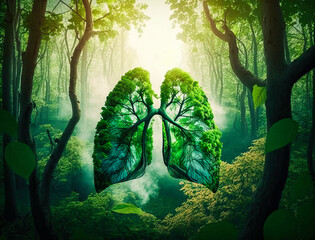 Tree branches shaped like human lungs, forest protection ecology illustration.