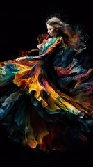 A woman in a colorful dress is dancing. AI generative.