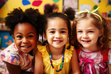 Diverse little friends in kindergarten giggle, their faces beaming with joy. United by innocence and laughter, race is irrelevant in their happy world. Generative AI