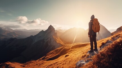 Fototapeta na wymiar hiker on top of mountain, generative AI
