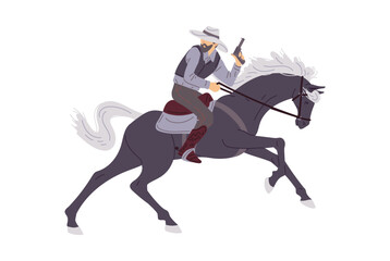 Cowboy on horseback with gun, cartoon flat vector illustration isolated on white background.