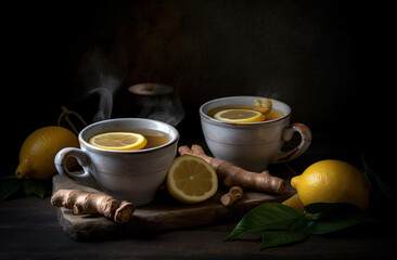 Obraz na płótnie Canvas Mint Tea Set with decoration Lemons and Flowers - Generative AI