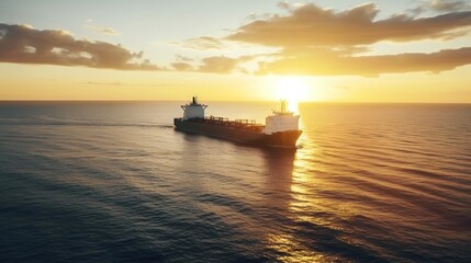 Fototapeta premium Aerial image of huge fuel tanker ship in the sea on sunset. Generative AI