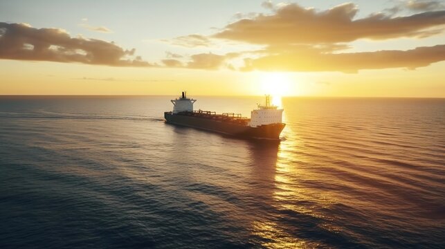 Aerial image of huge fuel tanker ship in the sea on sunset. Generative AI