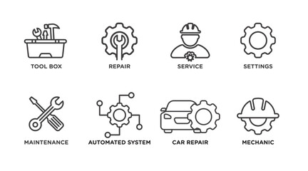 mechanical icon set. tool box, repair, service, settings, maintenance, automated system, car repair, and mechanic, outlined vector icon collection