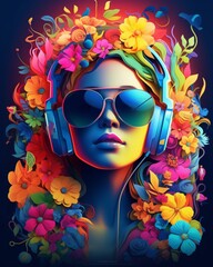 A beautiful woman wearing headphones with ornament colorful flowers background, music festival day. Generative AI, Generative, AI