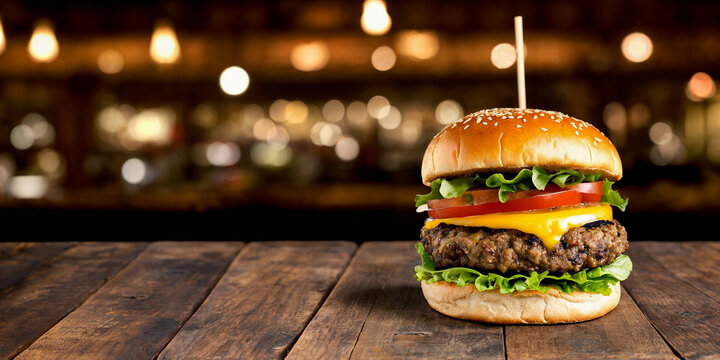 Close-up of a juicy cheeseburger on a wooden table on a kitchen board against a background of a blurred rustic restaurant with dim lighting. Copy space for advertising text. Generative AI.