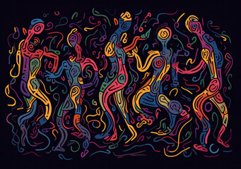 Group of people dancing, colorful abstract illustration on black background, generative ai