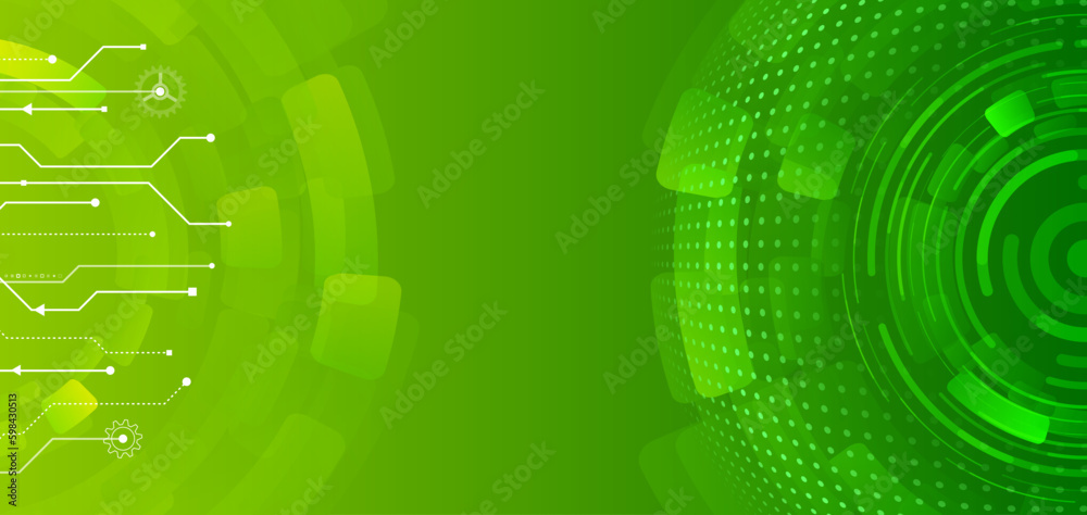 Poster Wide green background with various technological elements. Futuristic design for presentation. Abstract circle technology communication vector illustration. Hi-tech computer digital technology concept