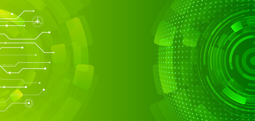 Wide green background with various technological elements. Futuristic design for presentation. Abstract circle technology communication vector illustration. Hi-tech computer digital technology concept © arthead