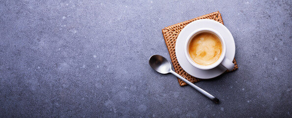 Espresso coffee cup on gray background, top view, space for text. - 598430597