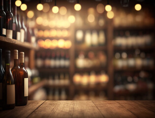 Wooden empty top table with blurred wine shop and bottles. Rustic tabletop with bokeh effect of alcohol drinks and lights on background. Generative AI