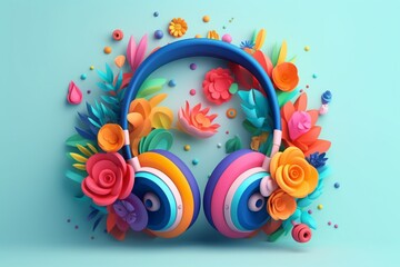A headphones with ornament colorful flowers background, music festival day. Generative AI, Generative, AI