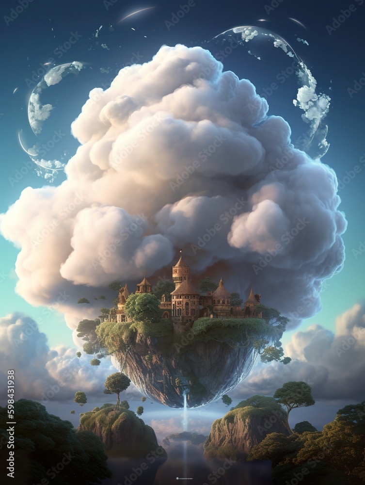 Fototapete a photorealistic rendering of a large floating cloud with a castle. a beautiful and dreamy scene, ge