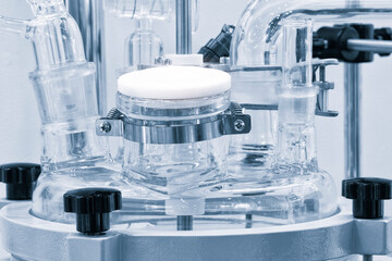 Chemical and pharmaceutical concept background. Chemistry laboratory equipment  Laboratory glassware.