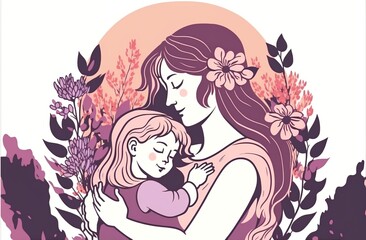 A mother embracing her child. Happy mother's day themed Generative AI illustration.