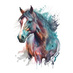 A watercolour drawing of a horse head. isolated on black background, art illustration, label, sticker, t-shirt printing