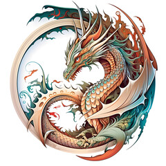 Fantasy dragon depicted in a circular label. Eastern mythological creature. vetctor illustration, white background, label, sticker, t-shirt design
