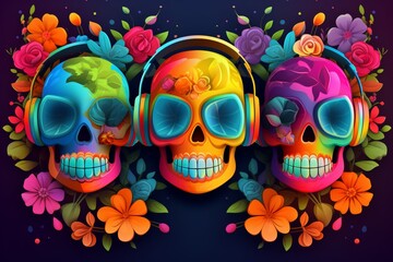 Skull wearing headphones and sunglasses with colorful background, music festival day. Generative AI, Generative, AI