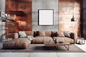 Concrete and with copper decorated wall and brown leather sofa. Interior design of modern living room. Created with generative AI - obrazy, fototapety, plakaty