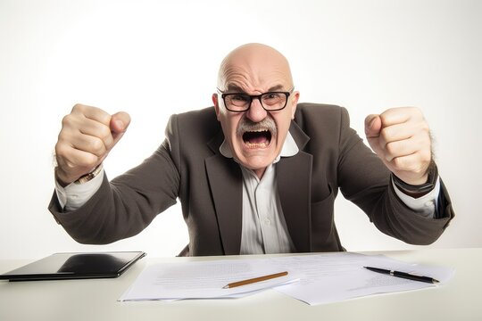  screaming bald male senior office boss with mustache and eyeglasses furious and angry gesturing upset and mad sitting on desk business and job problems on white background. Generative AI