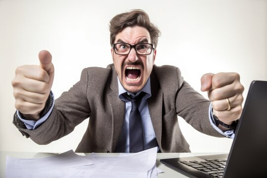  screaming mature male office boss with mustache and eyeglasses furious and angry gesturing upset and mad sitting on desk business and job problems on white background. Generative AI