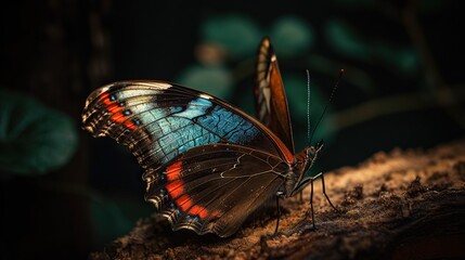 Fototapeta na wymiar Colorful big butterfly sitting on green leaves, beautiful insect in the nature habitat. Generative AI