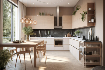 Fototapeta na wymiar Cute modern kitchen, boho design interior style. Beige light colors. Super photo realistic background, generative ai