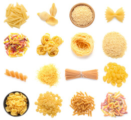 Set of dry Italian pasta on white background, top view