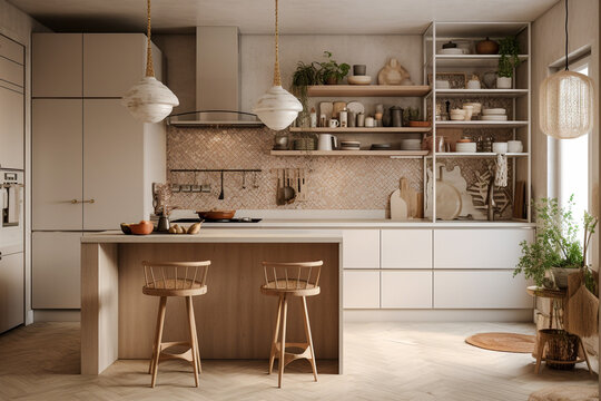Cute modern kitchen, boho design interior style. Beige light colors. Super photo realistic background, generative ai
