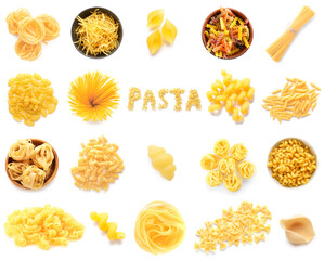 Collage of dry Italian pasta on white background
