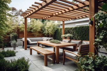 Residential terrace summer outdoor table setting with pergola, ai generative