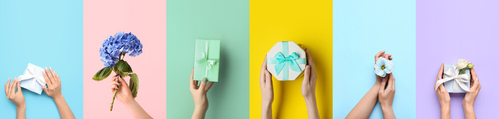 Collage with female hands holding flowers and gifts on color background