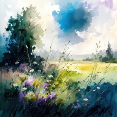 Watercolor summer meadow. Illustration AI Generative.
