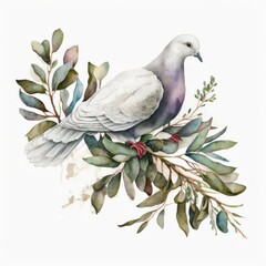 Watercolor white dove and olive branche Illustration AI Generative.