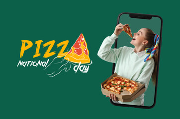 Collage with woman holding tasty pizza and big smartphone on green background. National Pizza Day