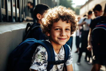 A cheerful 12-year-old  boy beams with excitement, waiting for the school bus with his friends of all races, sharing innocent joy and happiness. Generative AI