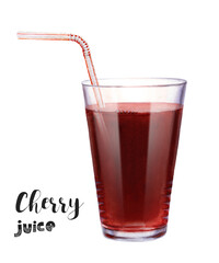 Watercolor cherry juice in a glass with a straw on a white background. Clipping path 