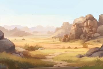 serene desert landscape with rock formations and sparse vegetation. Generative AI