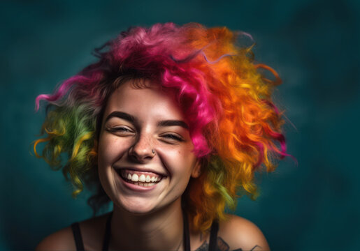 portrait of a young trendy teenage girl with multicolored curly hair. generative ai