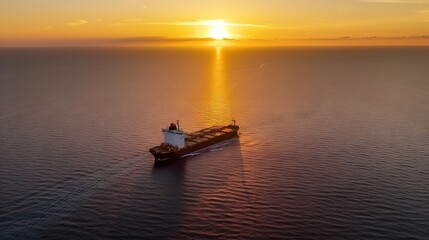 Naklejka premium Aerial image of huge fuel tanker ship in the sea on sunset. Generative AI