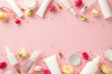 Natural skincare never looked so beautiful! This top view flat lay showcases cream bottles, pump bottles, pipettes, and roses on a pastel pink background with an empty space for branding or messaging