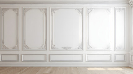 White wall with classic style mouldings and wooden floor, empty room interior, 3d render - obrazy, fototapety, plakaty