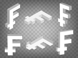 Set of perspective projections 3d Swiss frank Sign model icons on transparent background.  High detailed 3d sign of Swiss frank.  Abstract concept of graphic elements for your design. EPS 10