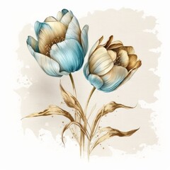 Blue and golden watercolor tulip flowers. Illustration AI Generative.