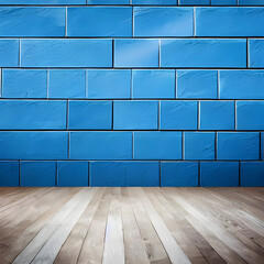 Stylish Blue Wall with Elegant Wooden Flooring and Creative Light Effect, Perfect for Adding a Unique and Inspiring Touch to Your Living Space. Generative AI.